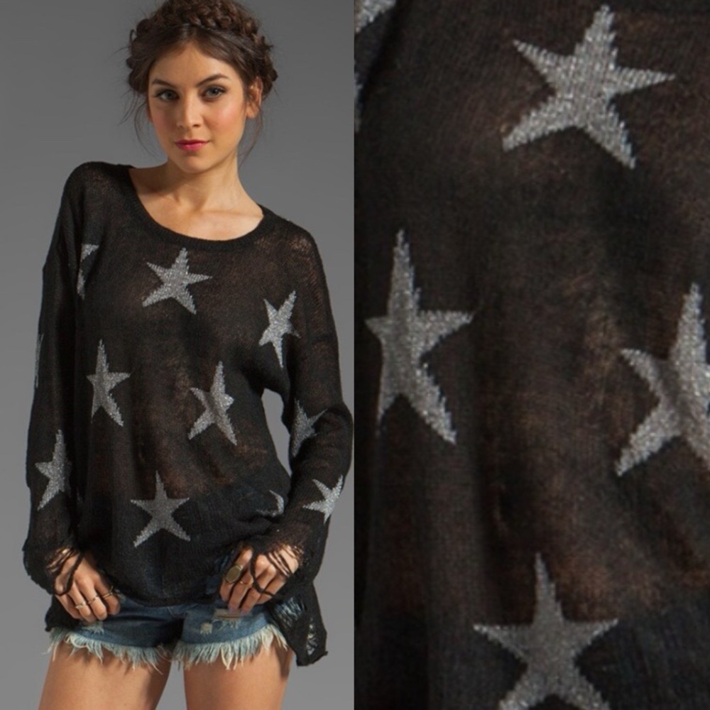 WILDFOX Couture Lennon Seeing Stars Rare Knit Distressed Sweater Pullover Top